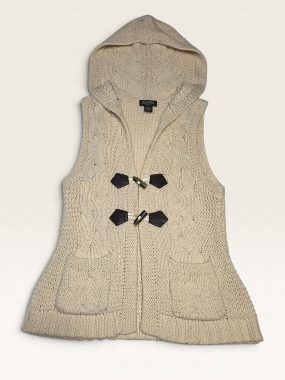 Eddie Bauer Wool Cable Knit Hooded Toggle Sweater Vest Cream L